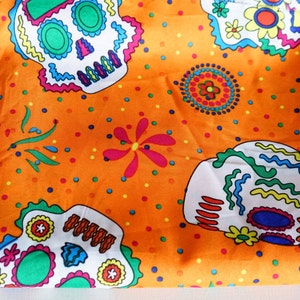 Day of the Dead Orange Fabric, Printed Lightweight Fabric