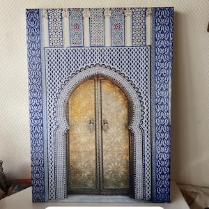 Moroccan Door Wall Art Mosaic Pattern – Islamic Geometric Design | Handmade Canvas Decor 50x70cm