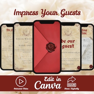 May include: A digital wedding invitation design displayed on smartphones. The design features a red envelope with a wax seal, and text that reads "Impress Your Guests". The invitation includes event details and the option to edit in Canva.