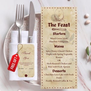 Medieval Wedding Table Place Card, Renaissance Old-World Elegance Menu, Parchment Maroon Folded Guest Name, Victorian Wedding Theme