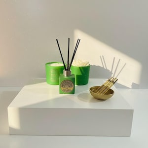 Könnte beinhalten: Ein grüner, quadratischer Raumduft-Diffusor mit goldenem Baumemblem, begleitet von zwei grünen Kerzen und einer kleinen goldenen Schale mit zwei Glasfläschchen. Der Diffusor hat schwarze Stäbchen in einer silbernen Kappe vor hellem Hintergrund.