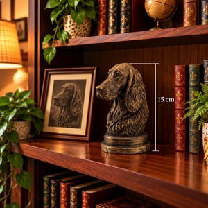 May include: A bronze-colored dog bust sculpture featuring detailed fur texture and a circular base. The sculpture stands 15 cm tall, as indicated by a vertical measurement line next to the figure on a wooden shelf.