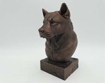 3D Printed Akita Dog Bust: Bronze Statue Effect, Black PLA Filament, 15cm Tall