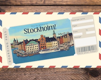 Stockholm travel ticket, surprise boarding pass template, instant download, flight ticket, Europe trip, Sweden trip, printable download, pdf