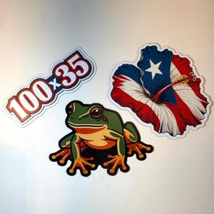 May include: A collection of stickers featuring a green frog, a hibiscus flower with a Puerto Rican flag design, and a sticker with the text "100x35" in red and white.