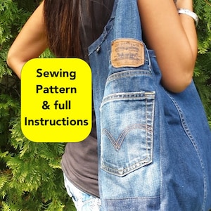 May include: A denim tote bag made from upcycled jeans. The bag features a large pocket on the front and a Levi's brand patch. The image includes the text "Sewing Pattern & full Instructions".