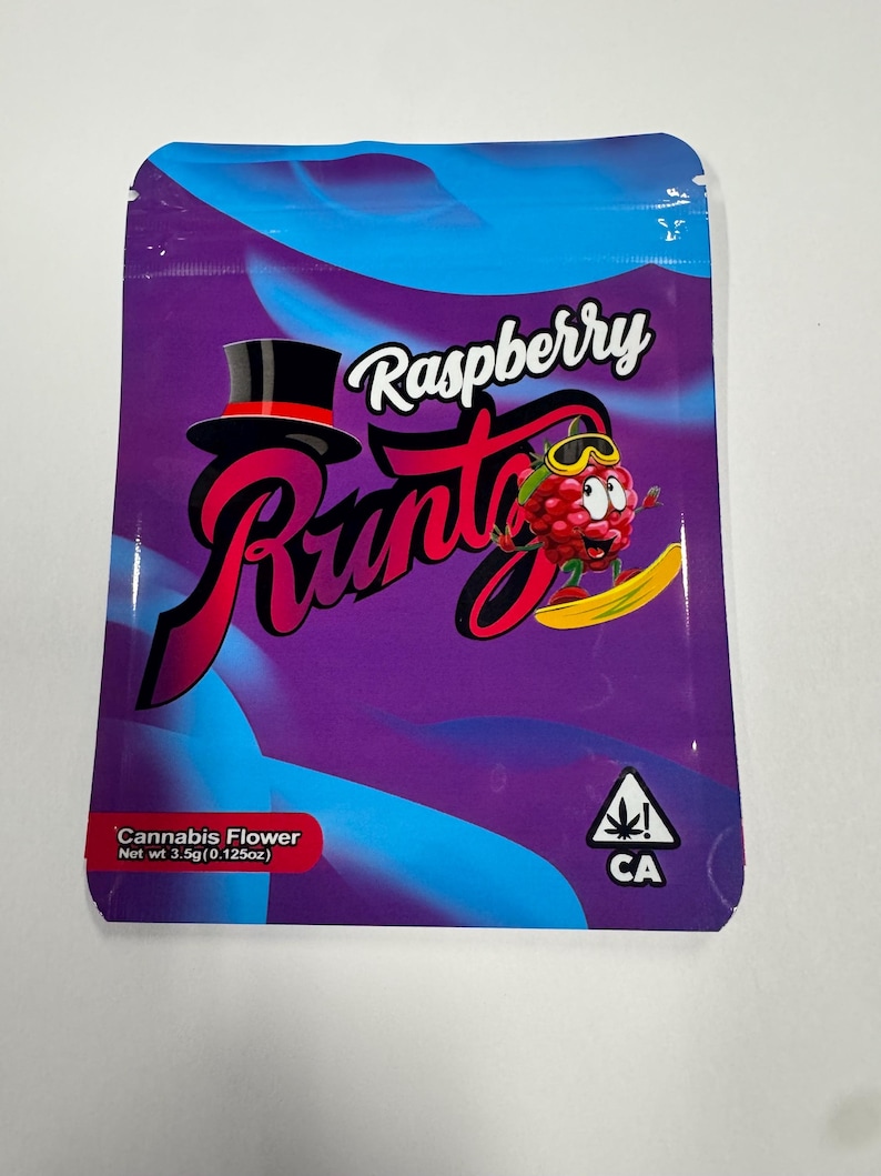 May include: A purple and blue bag with the text "Raspberry Runtz" in a stylized font. The bag features a cartoon raspberry character wearing goggles and a top hat. The bottom of the bag reads "Cannabis Flower Net wt 3.5g (0.125oz)" with a CA symbol.