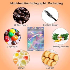 May include: A holographic packaging bag is surrounded by images of coffee beans, an eyelash brush, chocolate candies, a jewelry bracelet, candy, and cookies. The text "Multi-function Holographic Packaging" is at the top.