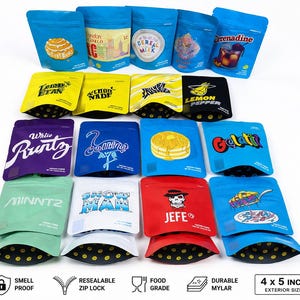 May include: Assortment of colorful resealable mylar bags with various designs and flavors. Bags are blue, yellow, purple, green, white, and red. Each bag is 4 x 5 inches. Features include smell proof, zip lock, food grade, and durable mylar.