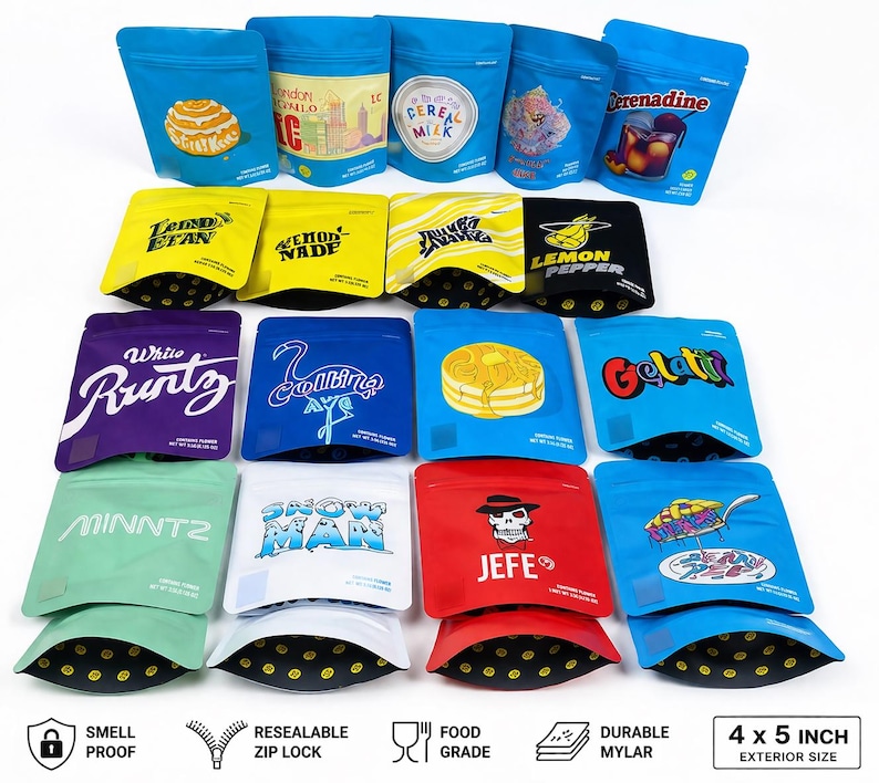May include: Assortment of colorful resealable mylar bags with various designs and flavors. Bags are blue, yellow, purple, green, white, and red. Each bag is 4 x 5 inches. Features include smell proof, zip lock, food grade, and durable mylar.