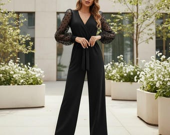 Bruidsfeest jumpsuit vrouwen bruiloft gast mesh jumpsuit outfit wijde pijpen, formele vrouwen dragen chique zomeroutfit galajurk jumpsuit