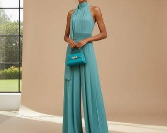 Elegante tuta da donna con scollo all'americana, abito turchese per invitata a un matrimonio, tuta da damigella d'onore, elegante tuta estiva a gamba larga, tuta taglie forti