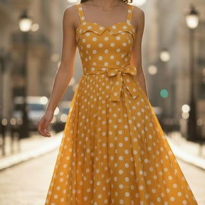May include: A yellow polka dot dress with a sweetheart neckline, bow belt, and pleated skirt. The dress has a vintage style with white polka dots. The dress has a fitted bodice and a flowing skirt, perfect for a retro look.
