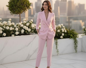 Women Blazer Set 2 Piece Suit Gold Button Office Outfit Elegant Business Pants Suit Formal Workwear Matching Pink Set