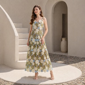 slim fit dress slacks Vintage Print Lace Trim Mesh V-Neck Cami Dress – AnotherChill main image 1
