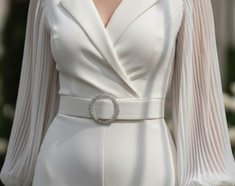 Elegante mono de mujer de pierna ancha, elegante conjunto de una pieza, manga larga, solapa, cinturón, mono casual de verano, elegante mono, vestido de invitada de boda