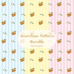 Puede incluir: Un paquete de patrones sin costuras con ilustraciones de naranjas, hojas verdes y flores blancas. El fondo tiene rayas verticales en azul, amarillo y rosa. También está presente el texto "Seamless Pattern Bundle".