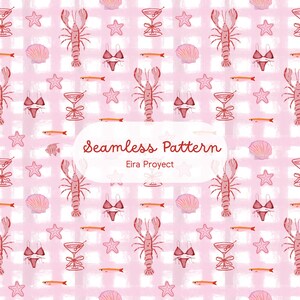 Puede incluir: Un patrón continuo con fondo de cuadros rosa claro que presenta ilustraciones repetidas de langostas rojas, conchas rosas, estrellas de mar, bikinis, peces pequeños y copas de cóctel. El texto Seamless Pattern Eira Proyect está centrado.