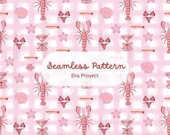 Pink Lobster Bachelorette Seamless Pattern, Coquette Beach Digital Paper, Coastal Gingham Fabric Design, Summer Party Scrapbooking PNG