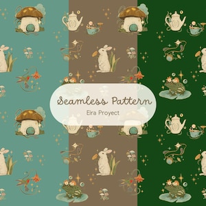 Puede incluir: Diseño de patrón sin costuras con ilustraciones de casas de hongos, teteras, conejos, ranas y colibríes. El diseño incluye el texto "Seamless Pattern" y "Eira Proyect". El fondo está dividido en tres bloques de color.