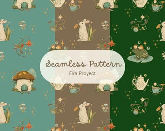 Cottagecore Mushroom Seamless Pattern Bundle, 3 Colors Digital Paper Set, Goblincore Frog Fabric Design, Enchanted Forest PNG Pack