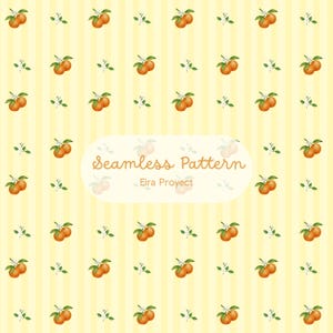 Puede incluir: Un patrón sin costuras con ilustraciones de acuarela de naranjas, hojas verdes y flores blancas sobre un fondo a rayas amarillas. El texto "Seamless Pattern" y "Eira Proyect" se muestra en una fuente suave y redondeada.