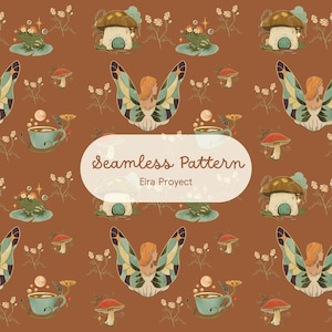 Puede incluir: Patrón sin costuras con ilustraciones de hadas, casas de champiñones, tazas de té y ranas sobre nenúfares, sobre un fondo marrón cálido. También se incluye el texto "Seamless Pattern" y "Eira Proyect".