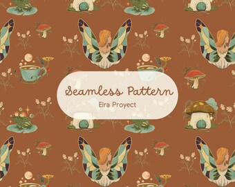 Warm Brown Fairy Seamless Pattern, Caramel Mushroom Cottage Digital Paper, Goblincore Fabric Design, Autumn Fairycore Illustration PNG