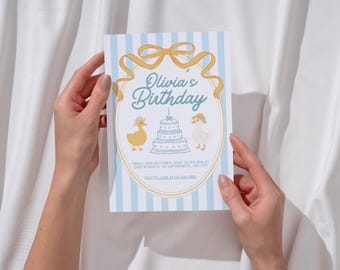 Duck Birthday Invitation Template Editable, Printable Girl Party Invite, Cottagecore Canva Digital Download