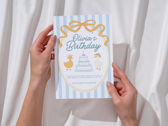 Duck Birthday Invitation Template Editable, Printable Girl Party Invite, Cottagecore Canva Digital Download