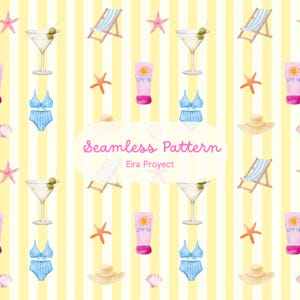 Puede incluir: Patrón sin costuras de acuarela con elementos de playa: bikini azul, martini, protector solar, estrella de mar, tumbona y sombrero de sol. El diseño incluye el texto "Seamless Pattern" y "Eira Proyect" sobre un fondo a rayas amarillas.