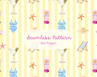 Watercolor Summer Beach Seamless Pattern, Coastal Digital Paper, Bachelorette Scrapbooking, Retro Pool Party Fabric Design PNG