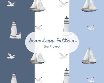 Bundle Nautical Lighthouse Sailboat Seamless Pattern, 3 Colors Digital Paper, Coastal Nursery Fabric Design, Scrapbooking PNG Pack