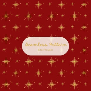 Puede incluir: Un fondo rojo intenso con un patrón repetitivo de estrellas doradas de cuatro puntas y pequeñas chispas. Un óvalo horizontal rosa claro central contiene el texto Seamless Pattern y Eira Proyect en una fuente dorada.