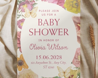 Botanical Baby Shower Invitation Editable Canva | Vintage Floral Garden Party Invite Printable, Cottagecore PNG Template