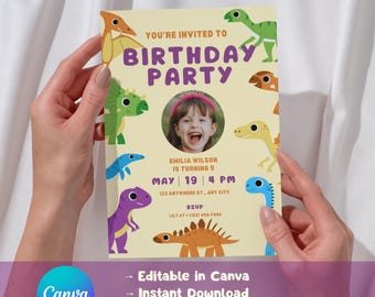 Yellow Dinosaur Birthday Invitation Editable Canva, Kids Dino Photo Party Invite Printable, Gender Neutral T-Rex PNG