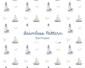 White Lighthouse Seamless Pattern, Minimal Nautical Digital Paper, Sailboat Coastal Fabric Design, Clean Ocean Scrapbooking PNG