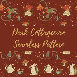Puede incluir: Patrón sin costuras de estilo cottagecore oscuro sobre un fondo granate. El diseño presenta colibríes, setas, tazas de té, teteras y conejos. El texto "Dark Cottagecore Seamless Pattern" está en oro.