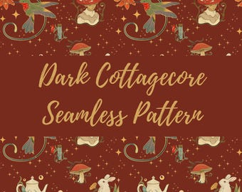 Dark Red Cottagecore Seamless Pattern Mushroom Witch Digital Paper, Autumn Goblincore Fabric, Mystical Art Nouveau Design PNG