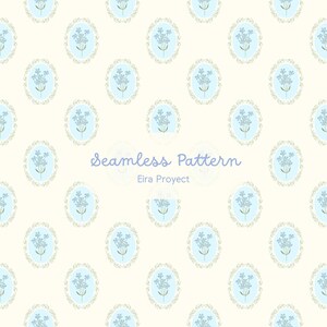 Puede incluir: Un patrón sin costuras con diseños florales azul claro dentro de marcos ovalados sobre un fondo crema. El texto "Seamless Pattern" y "Eira Proyect" está escrito en una suave escritura azul.