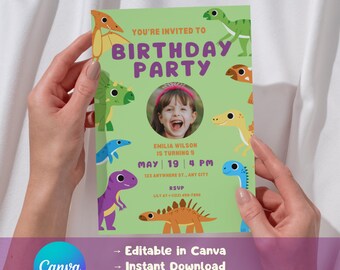 Green Dinosaur Birthday Invitation Editable Canva, Kids Dino Photo Party Invite Printable, Boy T-Rex Birthday PNG