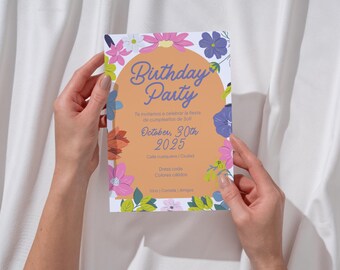 Floral Birthday Party Invitation Template Editable Canva, Colorful Botanical, Garden Party Invite, Printable Digital Download