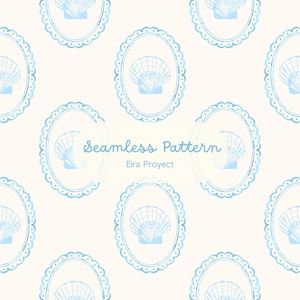 Puede incluir: Patrón sin costuras con ilustraciones de conchas marinas en azul claro dentro de marcos ovalados con bordes festoneados, sobre un fondo crema. El texto "Seamless Pattern" y "Eira Proyect" también es visible.