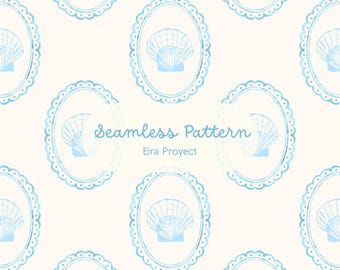 Coquette Seashell Cameo Seamless Pattern,Blue Coastal Digital Paper, Nautical Fabric Design, Bridal Shower Scrapbooking PNG