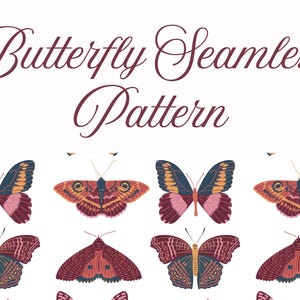 Puede incluir: Patrón sin costuras con mariposas coloridas en tonos burdeos, rosa, naranja y turquesa sobre fondo blanco. El texto "Butterfly Seamless Pattern" está escrito en una fuente burdeos. Las mariposas tienen patrones de alas detallados.