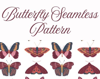 Butterfly Seamless Pattern, Boho Moth Digital Paper, Cottagecore Fabric Design, Printable Scrapbook Paper, Commercial Use PNG