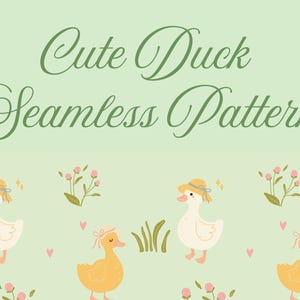 Puede incluir: Un patrón sin costuras con patos de dibujos animados con sombreros, hierba, flores y corazones sobre un fondo verde claro. El texto "Cute Duck Seamless Pattern" está escrito en cursiva verde.