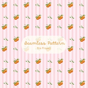 Puede incluir: Diseño de patrón sin costuras con naranjas de acuarela, hojas verdes y pequeñas flores blancas sobre un fondo de rayas rosas. El diseño incluye el texto "Seamless Pattern" y "Eira Proyect".