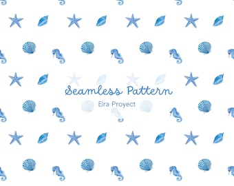Blue Coastal Seahorse Seamless Pattern, Watercolor Sea Life Digital Paper, Nautical Fabric Design, Ocean Scrapbooking PNG Repeat