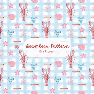 Blue Lobster Coastal Seamless Pattern | Coquette Beach Digital Paper, Gingham Nautical Fabric Design, Bachelorette Scrapbooking PNG